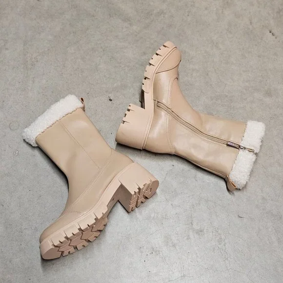 Chunky Nude Faux Leather Winter Boots With Faux Fur Lining & Block Heel